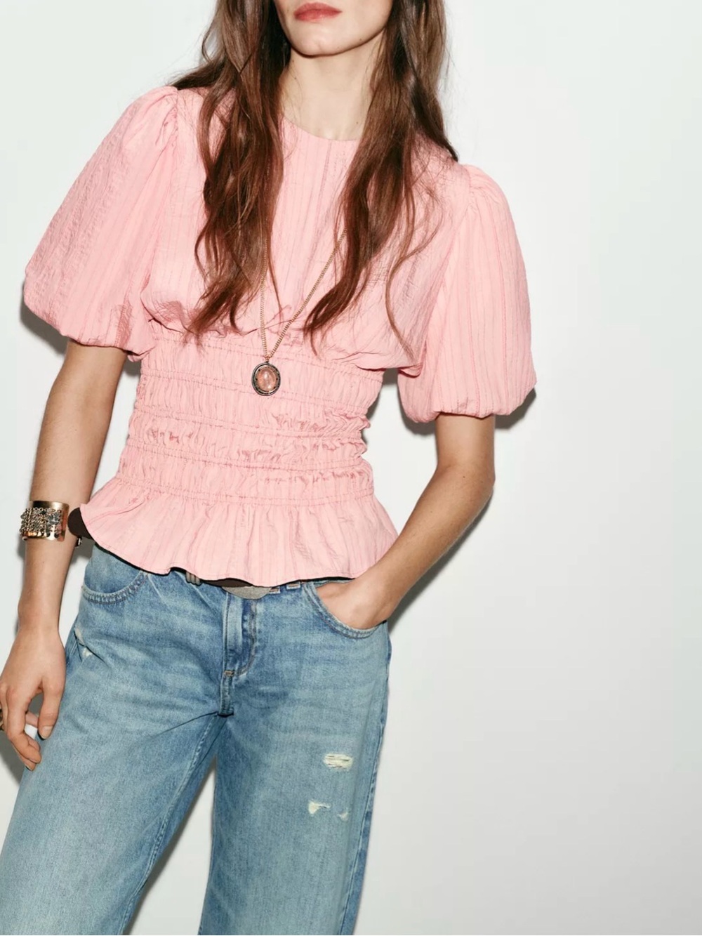 Zara smocked puff sleeve top NWT